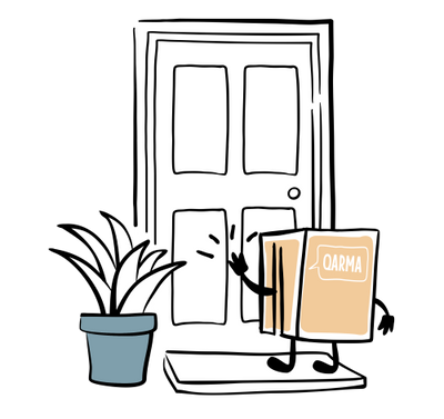 ilustración caja Qarma llamando a una puerta de una casa