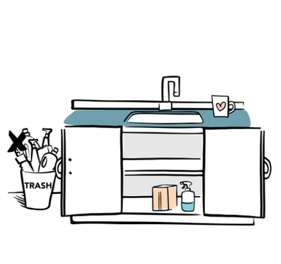 ilustración mueble cocina vacío de productos de limpieza tóxicos y con plásticos, sustituidos por la caja y la botella de Qarma